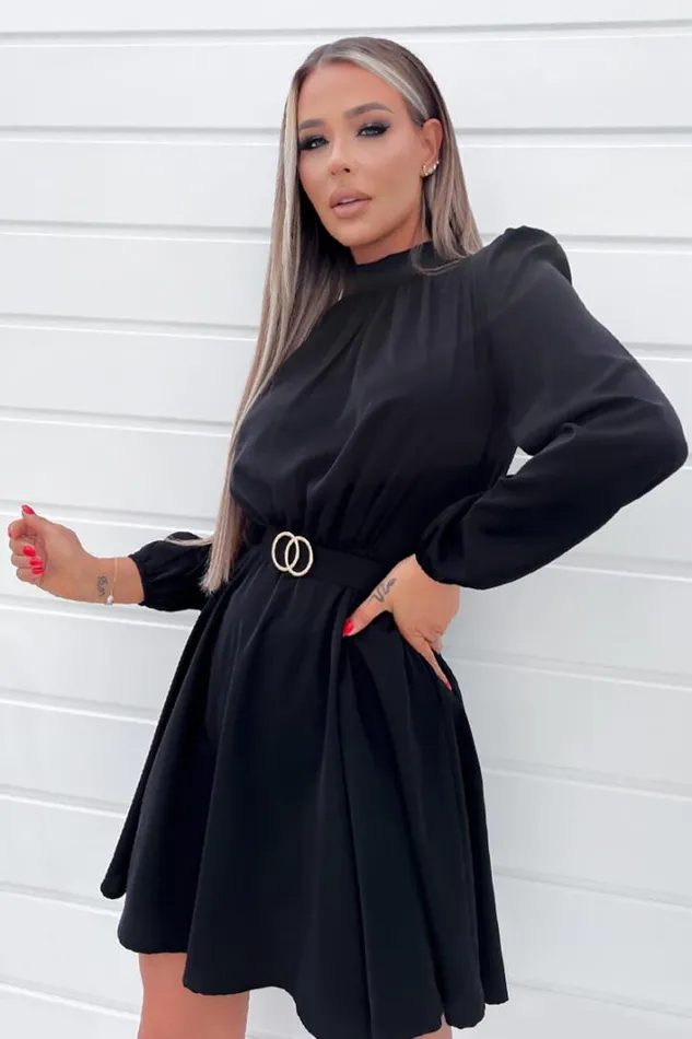 AX Paris Black High Neck Long Puff Sleeve Belted Skater Dress Dresses