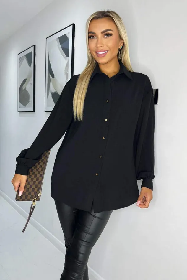 AX Paris Black Long Sleeve Gold Button Front Shirt Tops