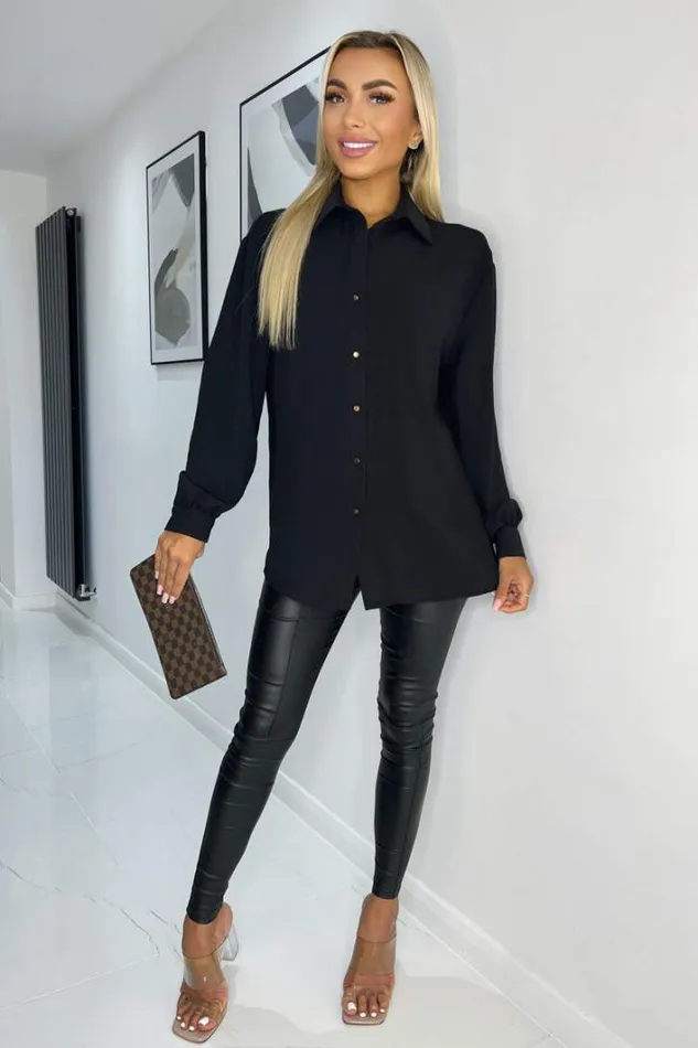 AX Paris Black Long Sleeve Gold Button Front Shirt Tops