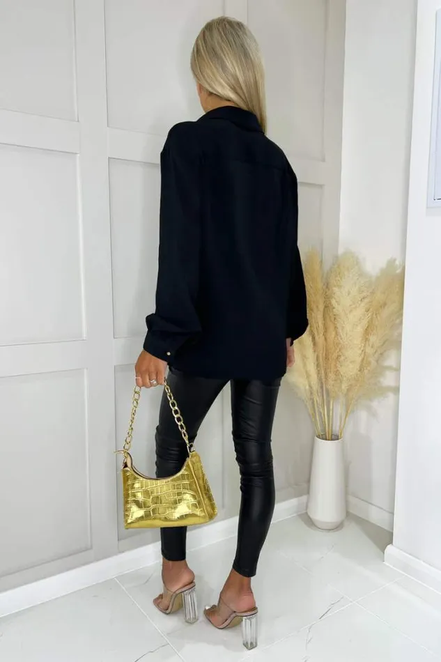 AX Paris Black Long Sleeve Gold Button Front Shirt Tops