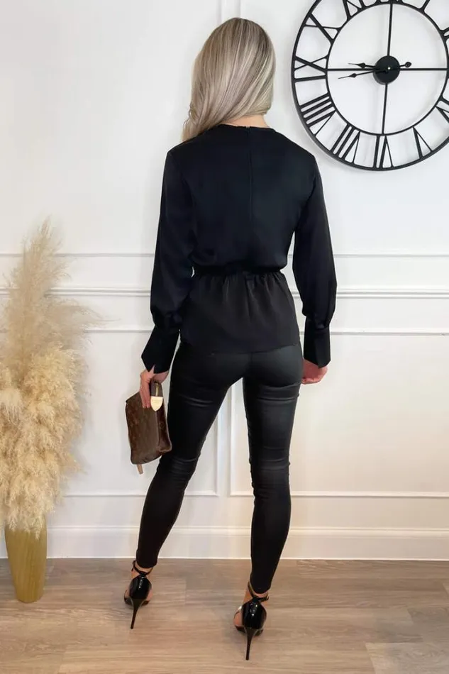AX Paris Black Long Sleeve Gold Detail Wrap Top Tops