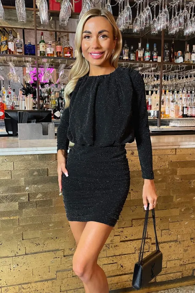 AX Paris Black Sparkly Long Sleeve Ruched Mini Dress Dresses