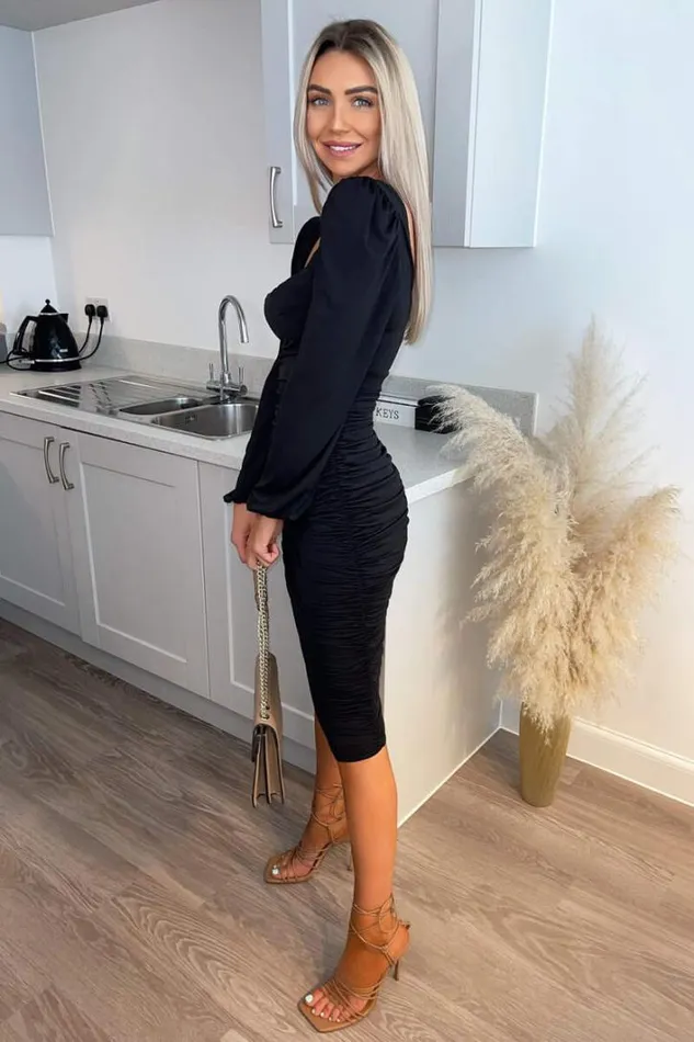 AX Paris Black Square Neck Ruched Long Sleeve Midi Dress Midi Dresses