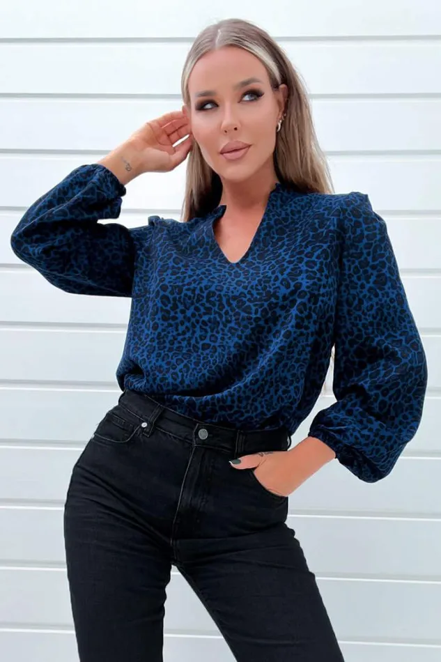 AX Paris Blue Animal Print Long Sleeve Blouse Tops