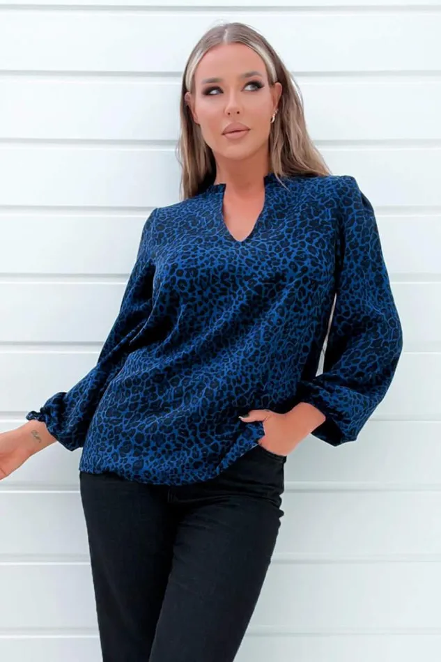 AX Paris Blue Animal Print Long Sleeve Blouse Tops