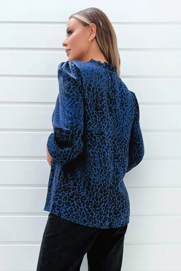 AX Paris Blue Animal Print Long Sleeve Blouse Tops