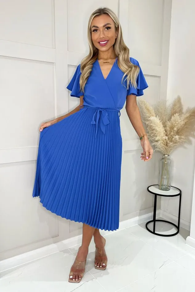 AX Paris Blue Pleated Midi Dress With Tie Waist Dresses