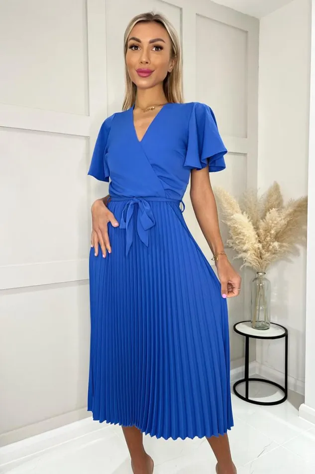 AX Paris Blue Pleated Midi Dress With Tie Waist Dresses