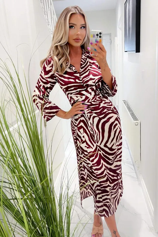 AX Paris Burgundy Animal Print Button Top Gathered Side Midi Dress Dresses