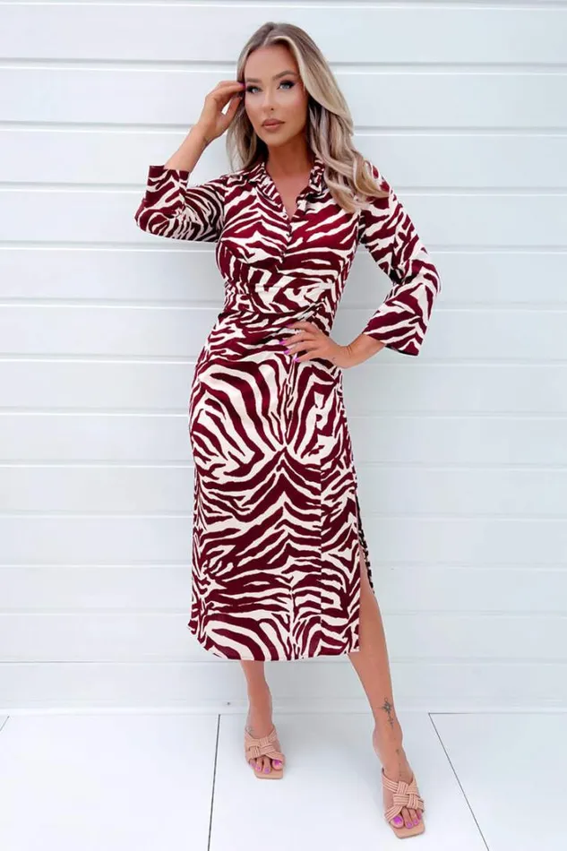 AX Paris Burgundy Animal Print Button Top Gathered Side Midi Dress Dresses
