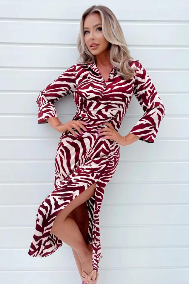 AX Paris Burgundy Animal Print Button Top Gathered Side Midi Dress Dresses