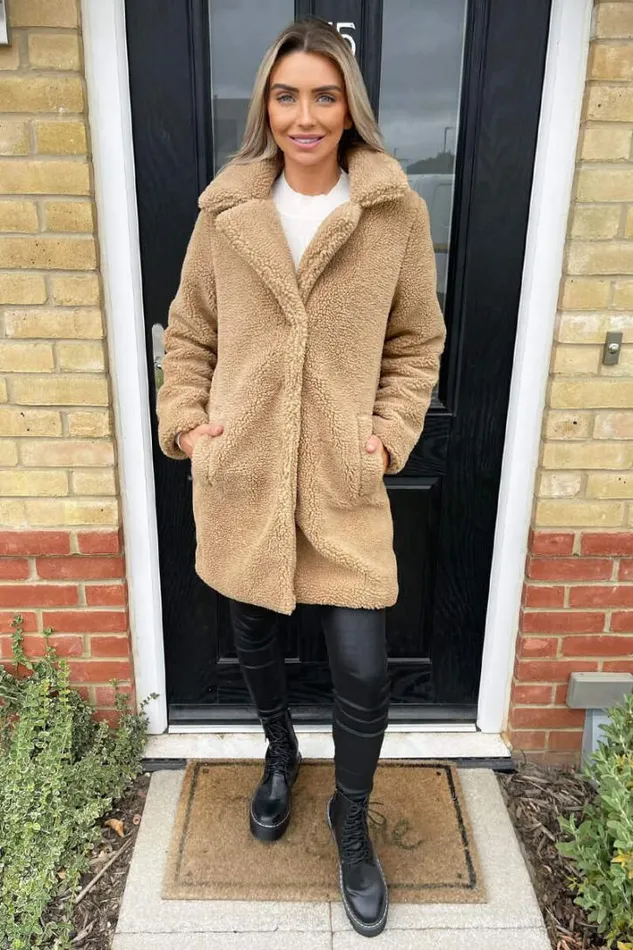 AX Paris Caramel Teddy Faux Fur Coat With Collar Coats and Jackets