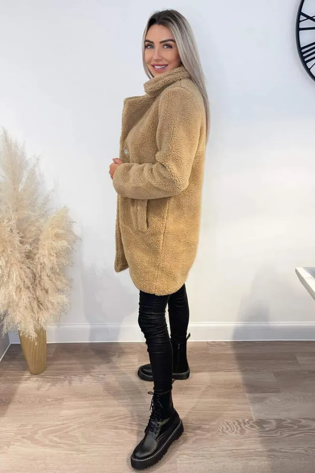 AX Paris Caramel Teddy Faux Fur Coat With Collar Coats and Jackets