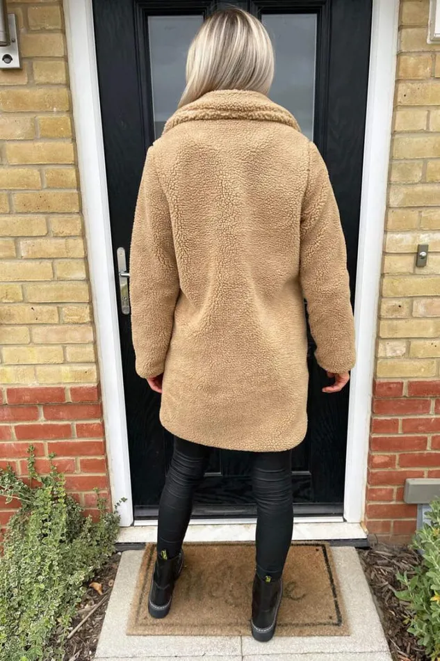 AX Paris Caramel Teddy Faux Fur Coat With Collar Coats and Jackets