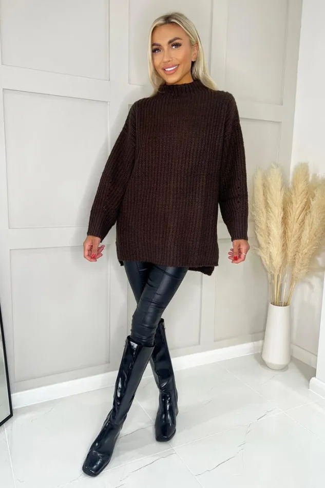 AX Paris Chocolate Mock Neck Oversized Knit Jumper Knitwear