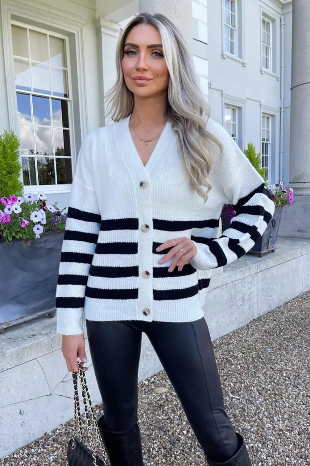 AX Paris Cream And Black Stripe Knit Button Front Cardigan Knitwear