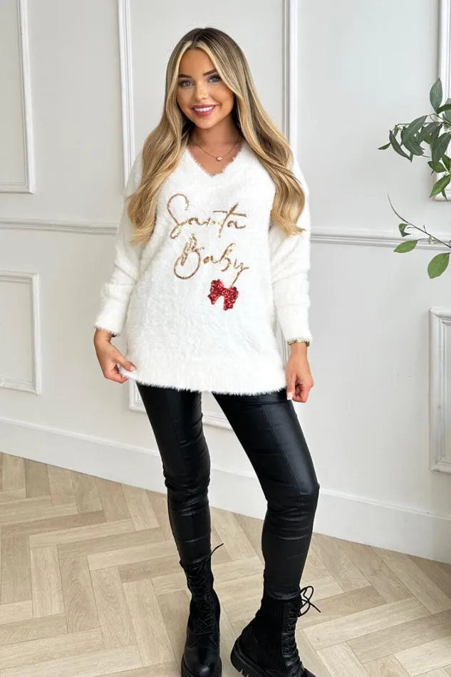 AX Paris Cream Fluffy Santa Baby Sequin Jumper Knitwear