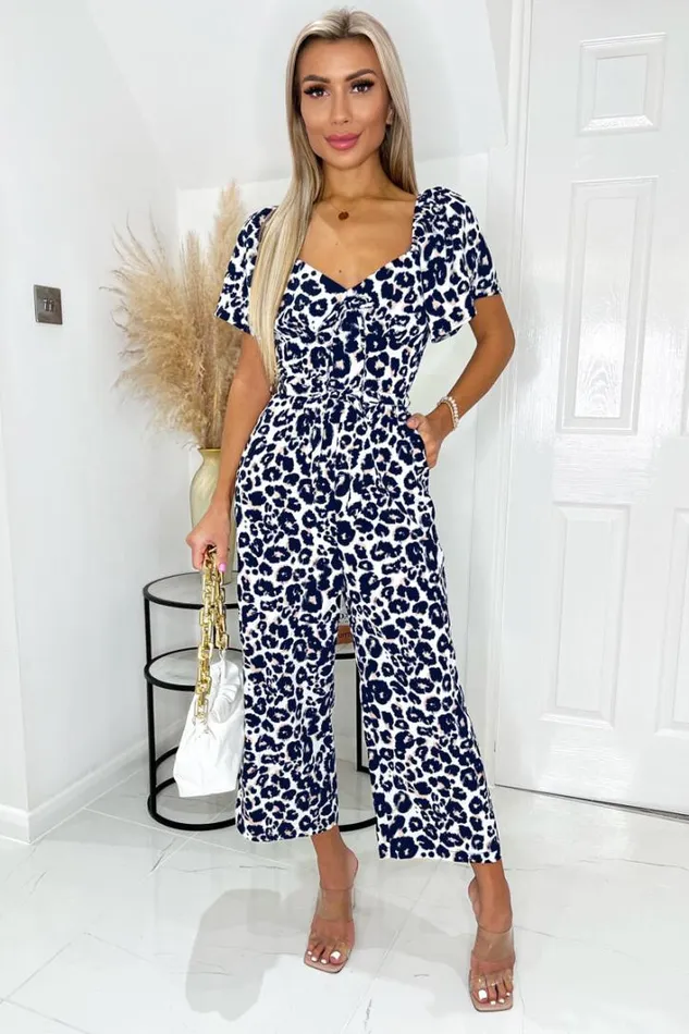AX Paris Cream Pink And Navy Animal Print Short Sleeve Tie Front Jumpsuit Jumpsuits And Playsuits