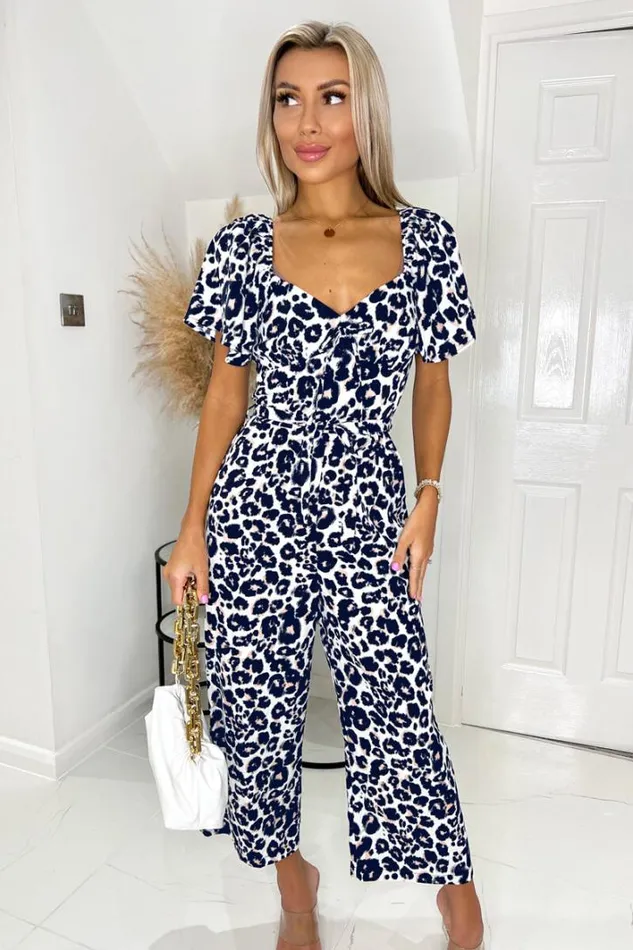 AX Paris Cream Pink And Navy Animal Print Short Sleeve Tie Front Jumpsuit Jumpsuits And Playsuits