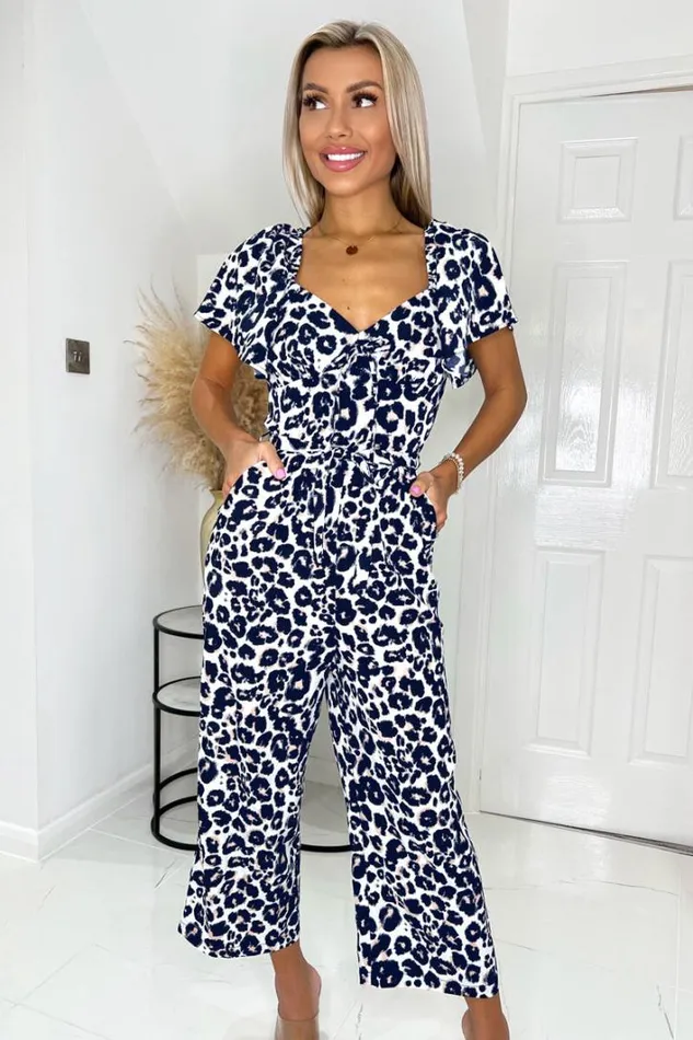 AX Paris Cream Pink And Navy Animal Print Short Sleeve Tie Front Jumpsuit Jumpsuits And Playsuits