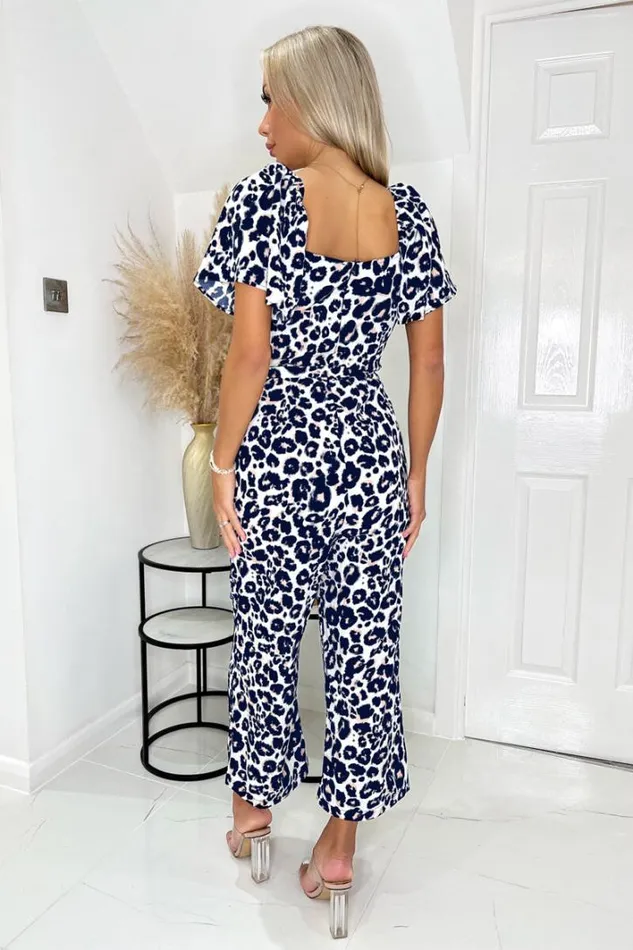 AX Paris Cream Pink And Navy Animal Print Short Sleeve Tie Front Jumpsuit Jumpsuits And Playsuits