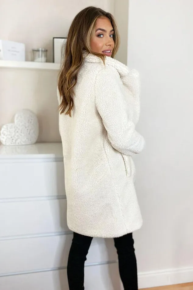 AX Paris Cream Teddy Faux Fur Coat With Collar Coats and Jackets
