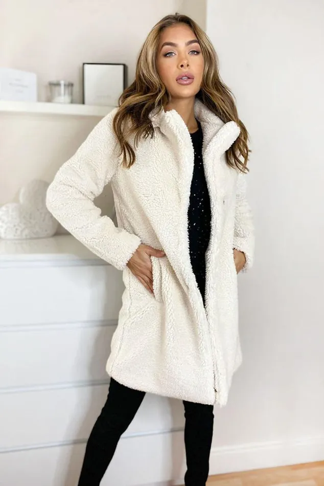 AX Paris Cream Teddy Faux Fur Coat With Collar Coats and Jackets