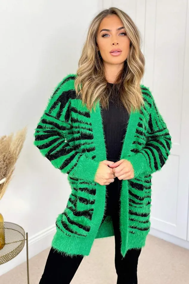 AX Paris Green And Black Fluffy Knit Long Sleeve Animal Print Cardigan Knitwear