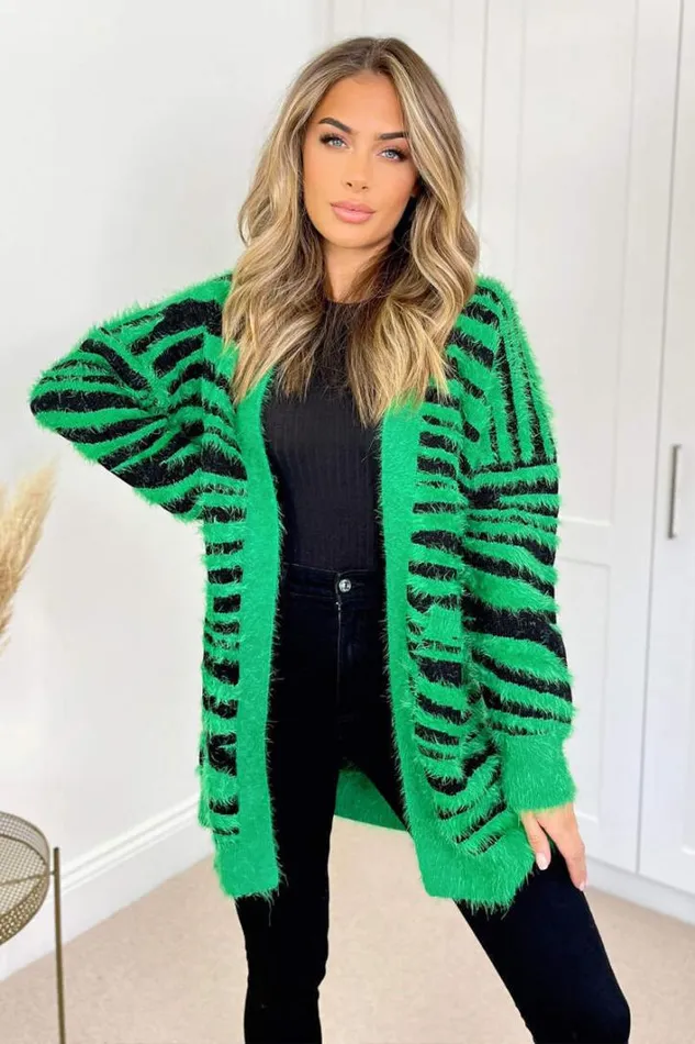 AX Paris Green And Black Fluffy Knit Long Sleeve Animal Print Cardigan Knitwear