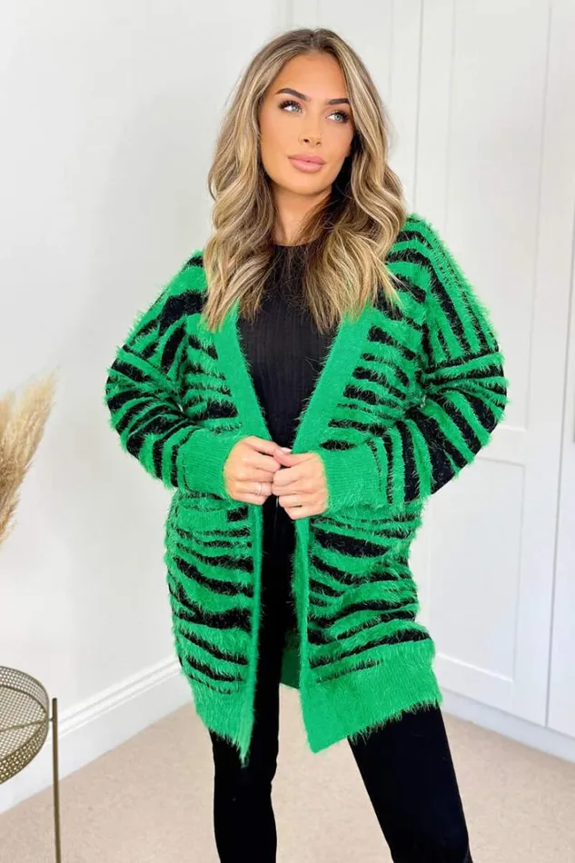 AX Paris Green And Black Fluffy Knit Long Sleeve Animal Print Cardigan Knitwear