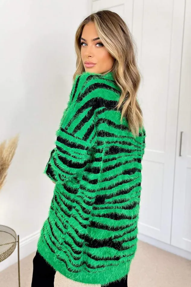 AX Paris Green And Black Fluffy Knit Long Sleeve Animal Print Cardigan Knitwear