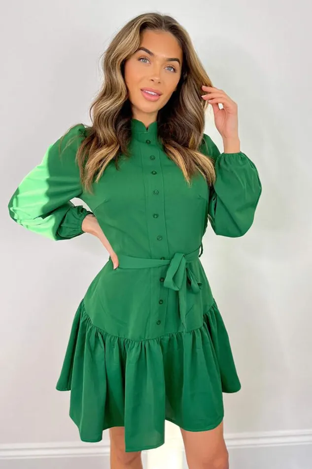 AX Paris Green High Neck Button Frill Hem Dress Dresses