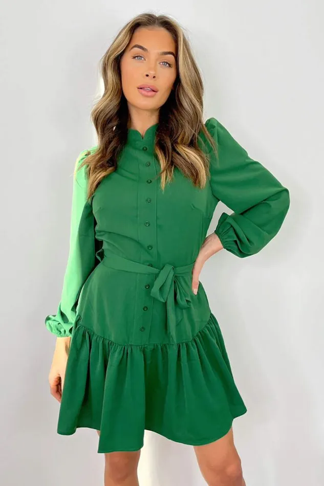 AX Paris Green High Neck Button Frill Hem Dress Dresses