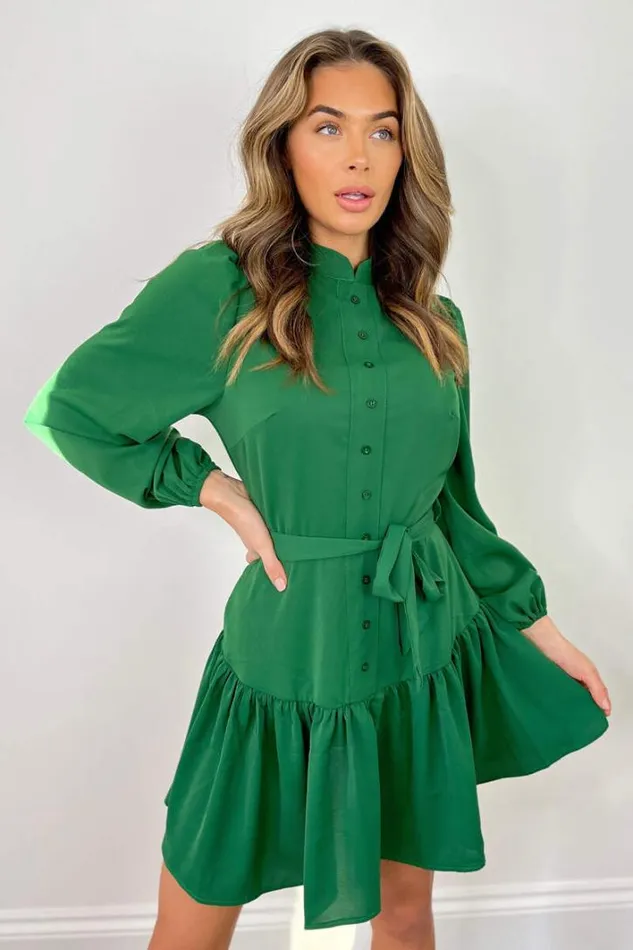 AX Paris Green High Neck Button Frill Hem Dress Dresses