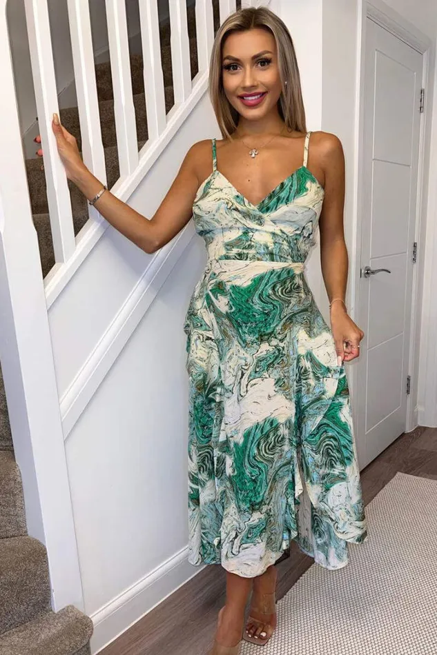 AX Paris Green Marble Print Double Frill Strappy Midi Dress Dresses