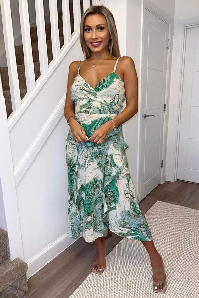 AX Paris Green Marble Print Double Frill Strappy Midi Dress Dresses