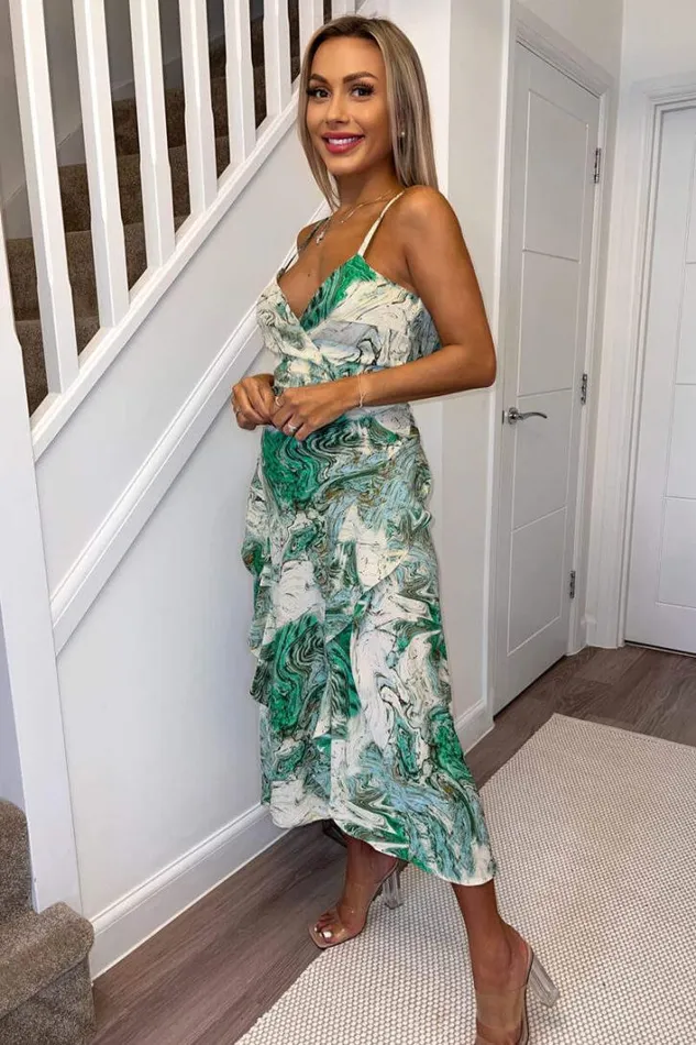 AX Paris Green Marble Print Double Frill Strappy Midi Dress Dresses