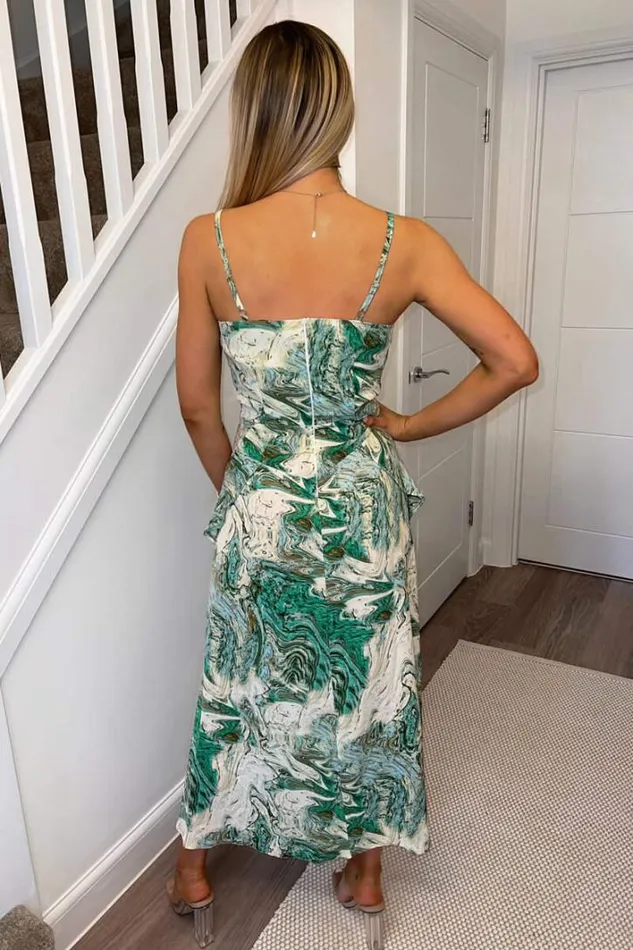 AX Paris Green Marble Print Double Frill Strappy Midi Dress Dresses