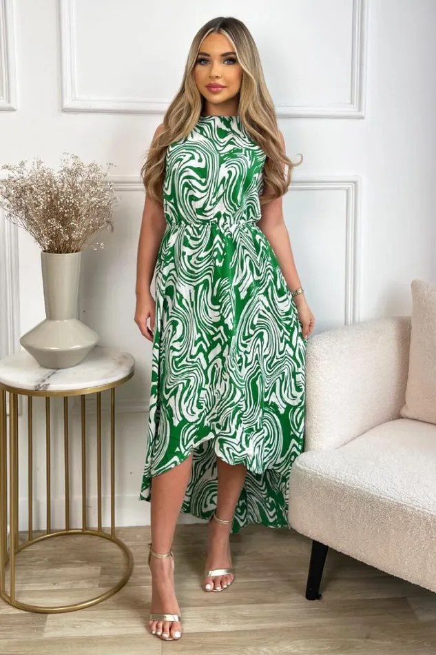 AX Paris Green Printed Round Neck Sleeveless Wrap Skirt Midi Dress Dresses