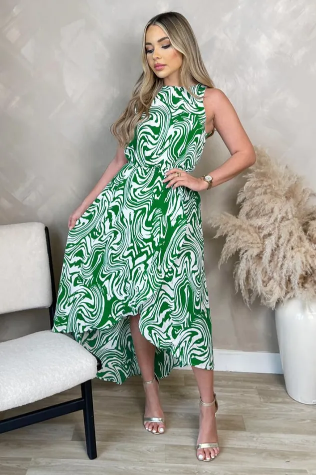 AX Paris Green Printed Round Neck Sleeveless Wrap Skirt Midi Dress Dresses