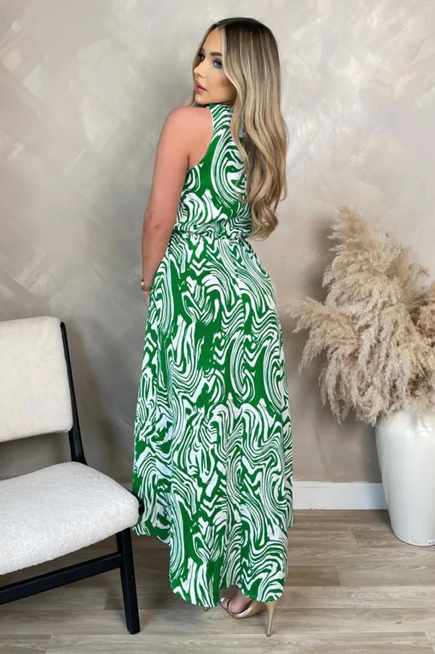 AX Paris Green Printed Round Neck Sleeveless Wrap Skirt Midi Dress Dresses