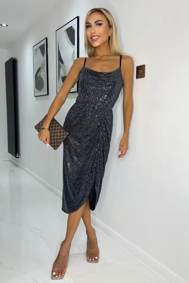 AX Paris Gunmetal Metallic Sparkle And Sequin Strappy Midi Dress Dresses
