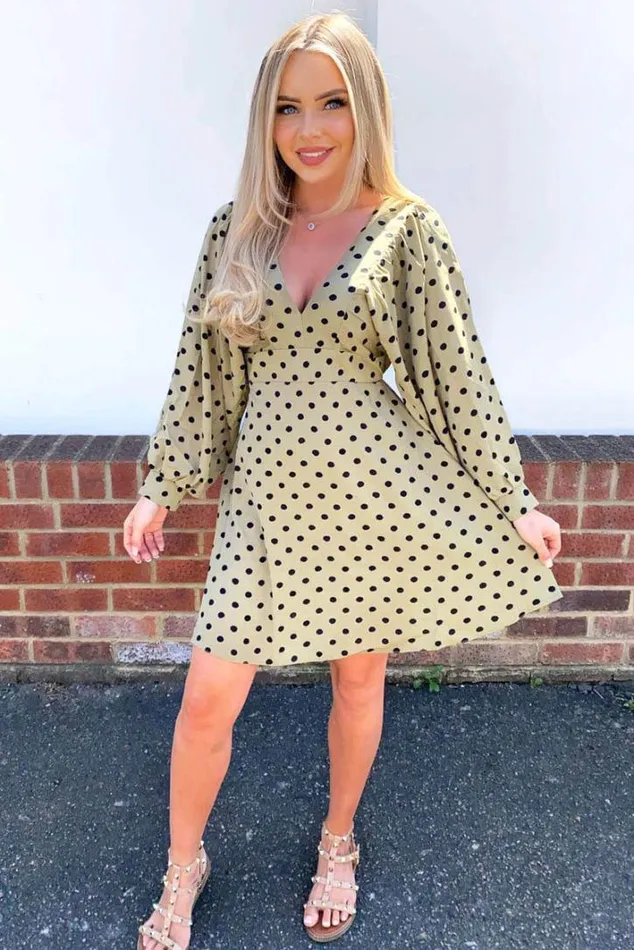 AX Paris Khaki Polka Dot V Neck Dress Day Dresses
