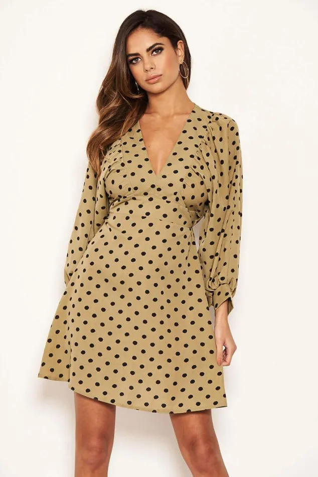 AX Paris Khaki Polka Dot V Neck Dress Day Dresses