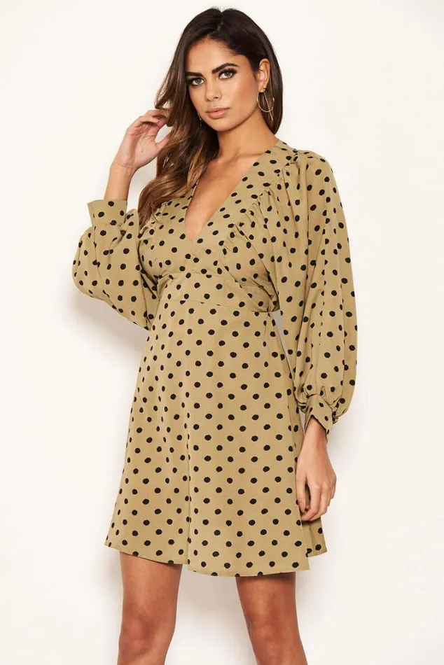 AX Paris Khaki Polka Dot V Neck Dress Day Dresses