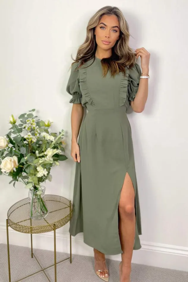 AX Paris Khaki Ruffle Split Leg Midi Dress Dresses