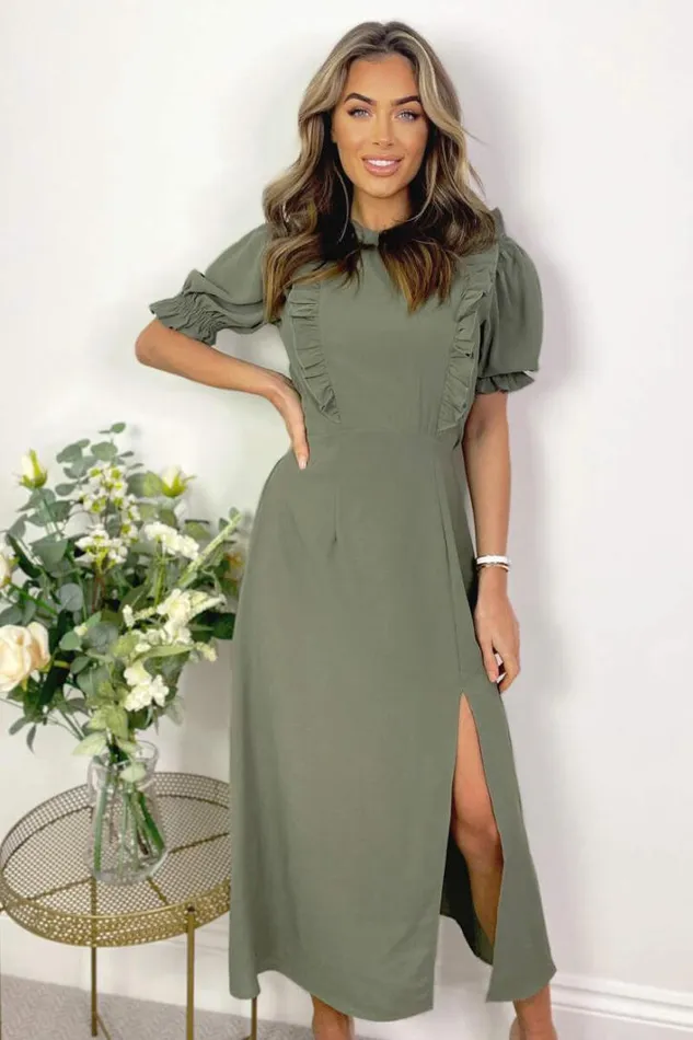 AX Paris Khaki Ruffle Split Leg Midi Dress Dresses
