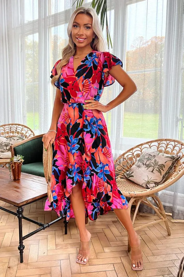 AX Paris Multi Floral Printed Wrap Over Top Frill Hem Midi Dress Dresses