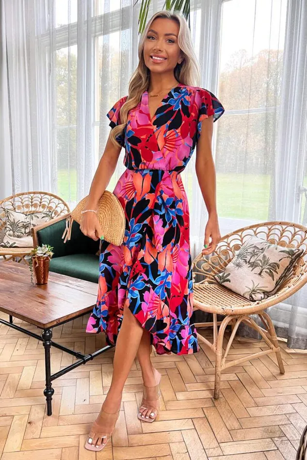 AX Paris Multi Floral Printed Wrap Over Top Frill Hem Midi Dress Dresses