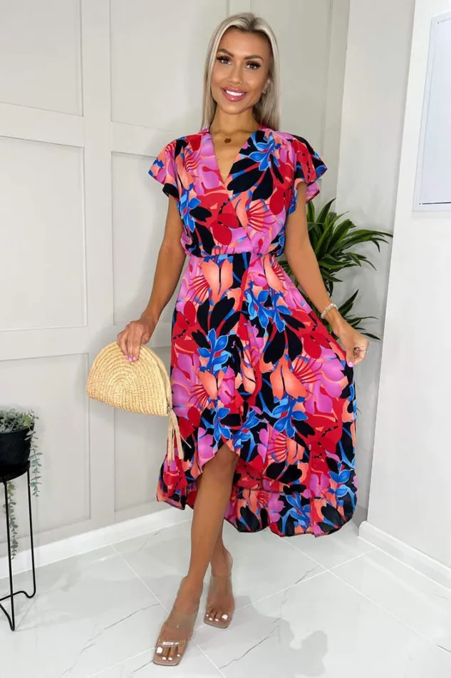AX Paris Multi Floral Printed Wrap Over Top Frill Hem Midi Dress Dresses